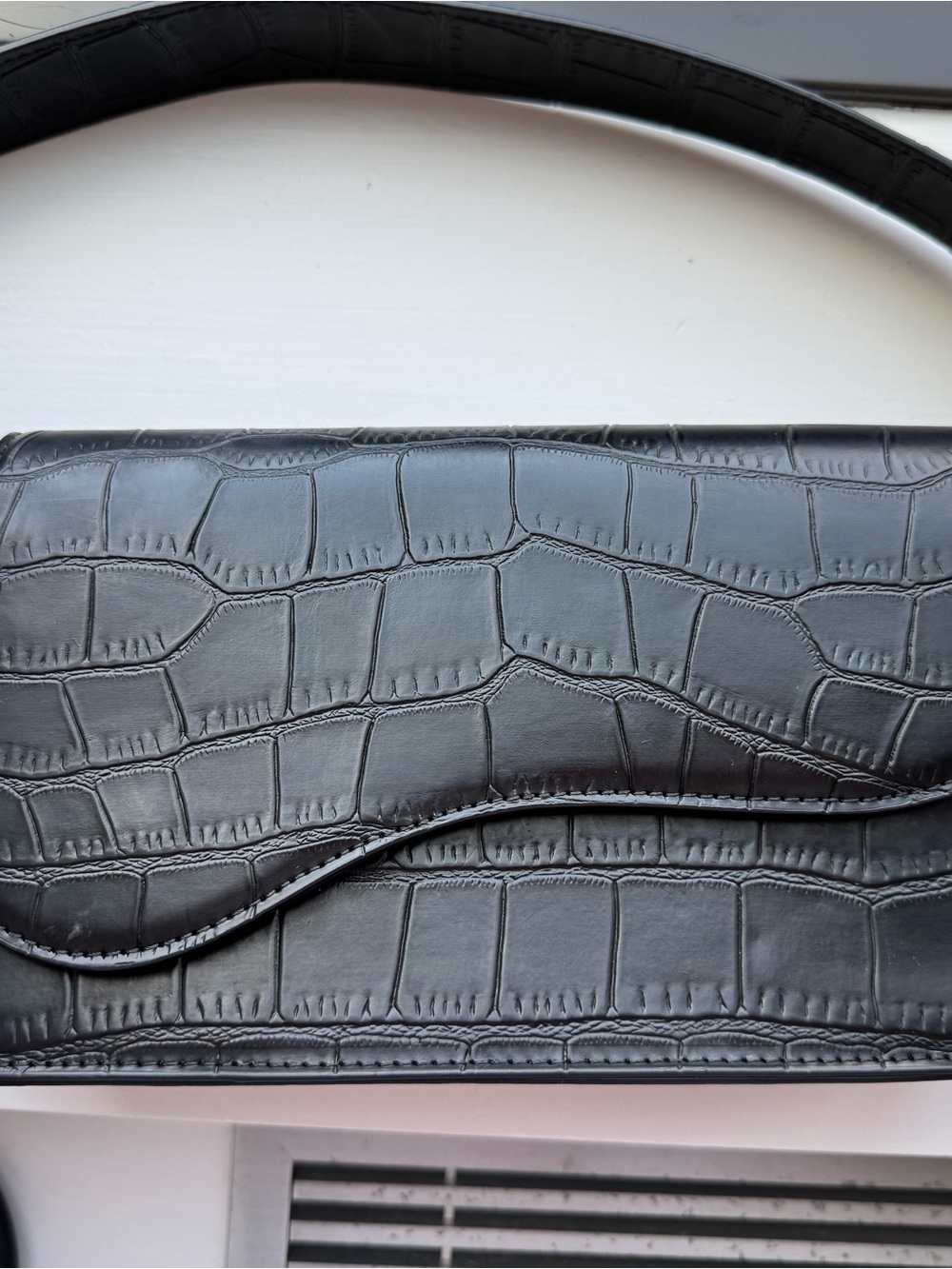 Black Croc-Embossed Shoulder Bag